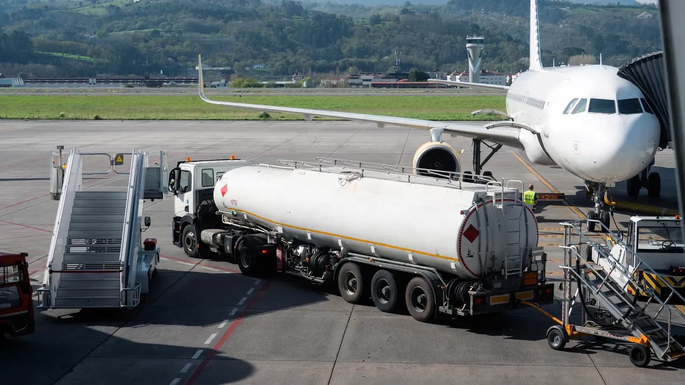 Fuel tanker truck refueling aircraft on airport apron. Concept of aviation fuel logistics, transportation infrastructure and airport operations.