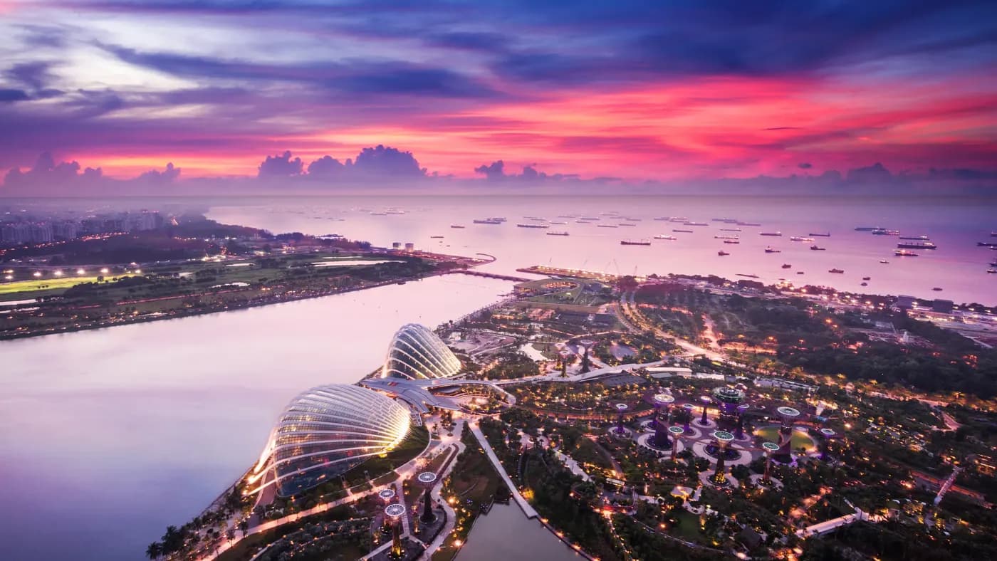 aerial view of Singapore with pink sunset
