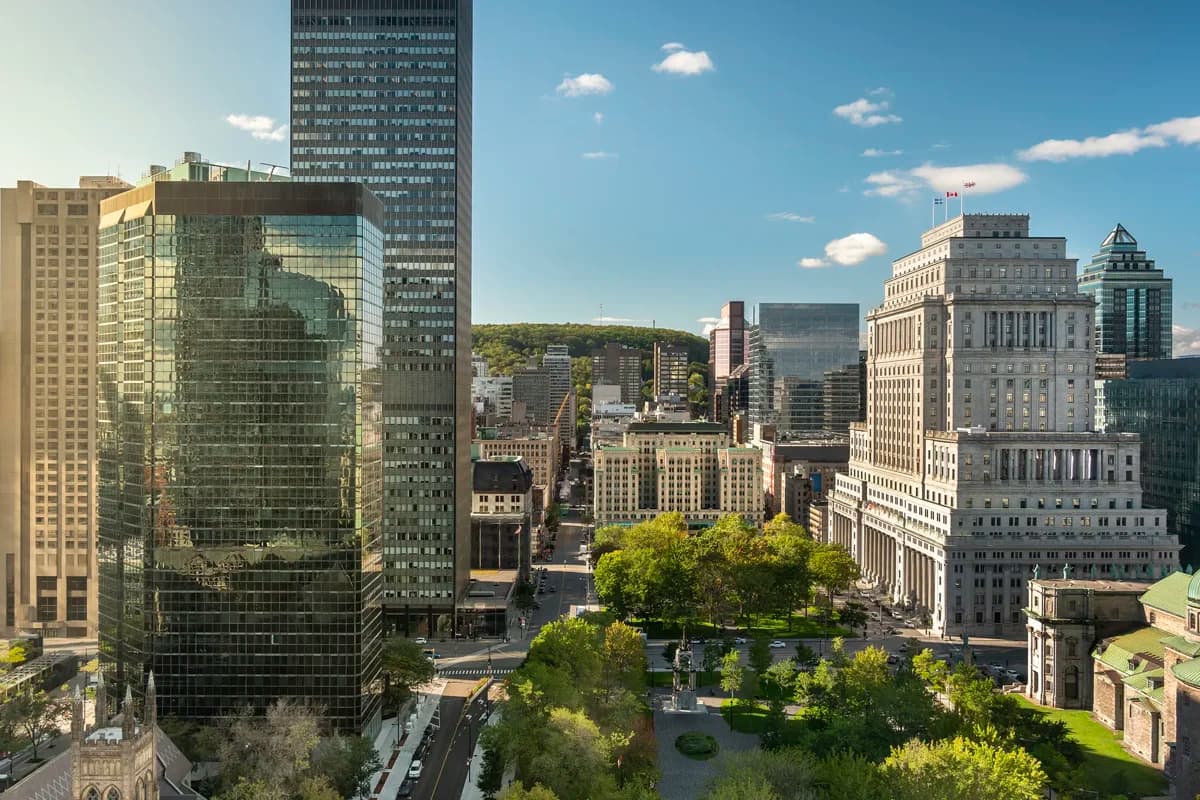 Montreal downtown skyline overlooking Dorchester Square park.