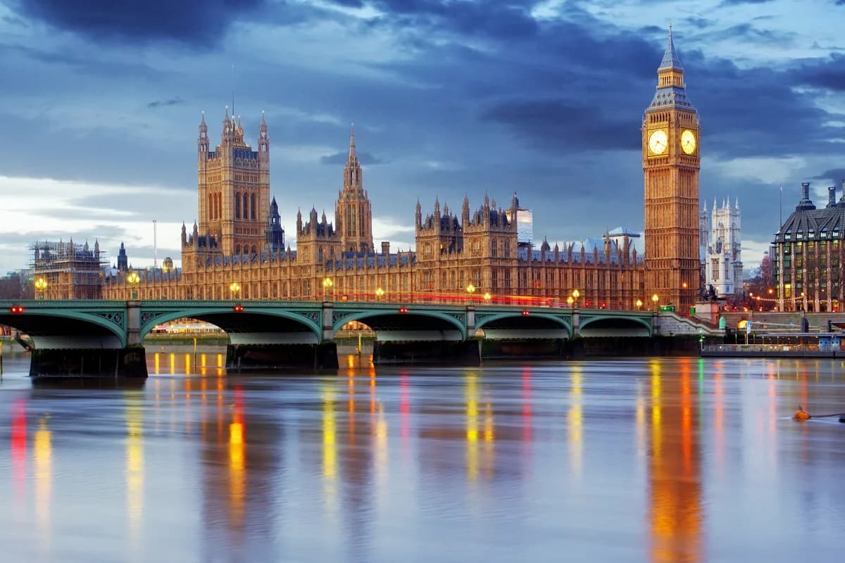 Wide angle view of the Houses of Parliament at Westminster, London.