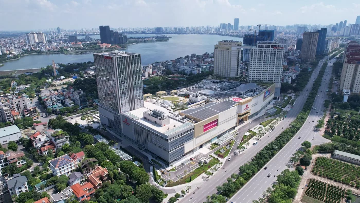 Aerial shot of Lotte Mall West Lake in Hanoi, Vietnam