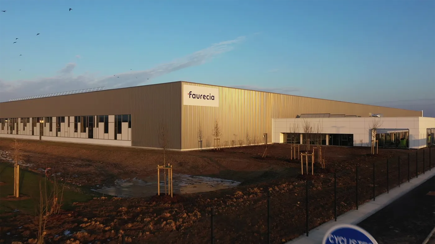 Aerial shot of Faurecia’s sustainable automotive plant in France.
