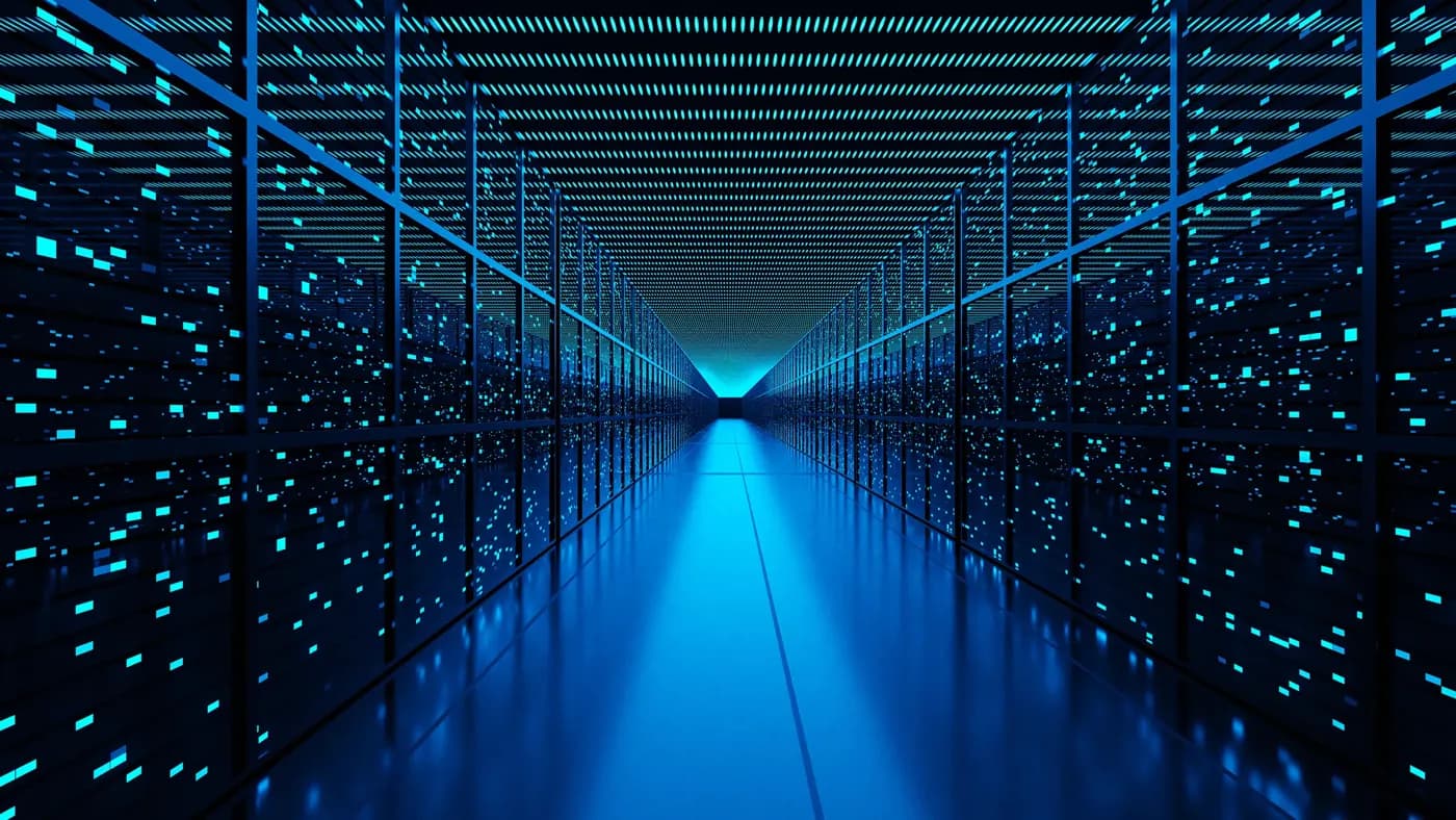 Server racks full of routers, switches and servers aligning on both sides of an aisle of a data center. Illustration of the concept of cloud computing and infrastructure as a service (IaaS)