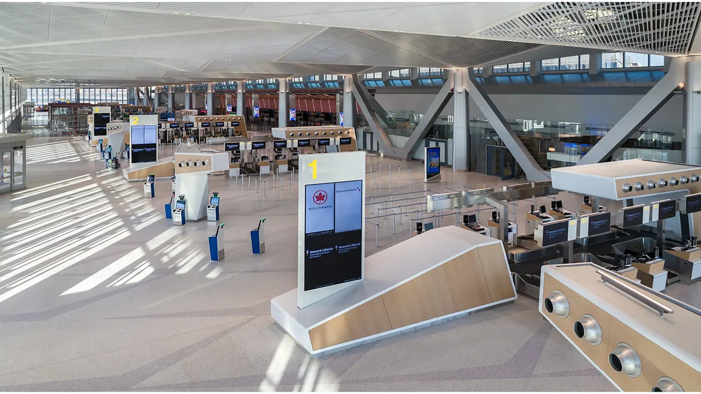 Image of the Interior of EWR Terminal A, featuring check in gates